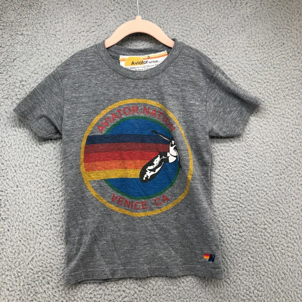Aviator Nation‎ Bundle Hoodie & Tees Boys Size 8 Kids Gray Blue Rainbow Surf 3pc